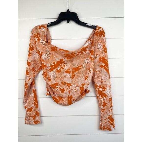 Open Edit Orange White Cowl Neck Long Sleeve Top XXS Smocked Back - Picture 2 of 11